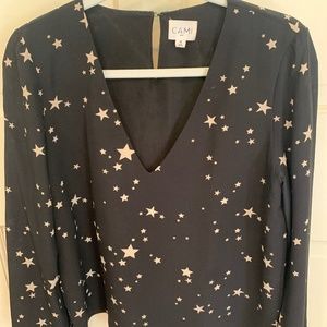 Cami NYC Star Print Black 100% Silk V-Neck Popover Long Sleeve Blouse Top